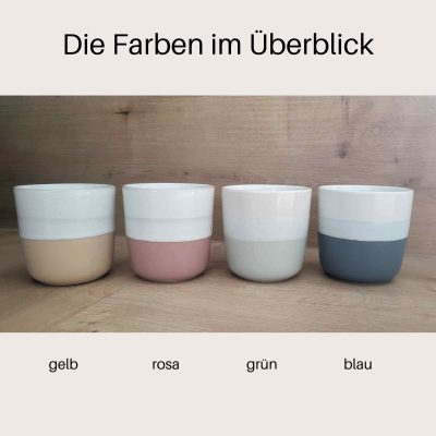 Steinzeugtassen Farbüberblick gelb, rosa, grün und blau