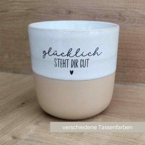 Steinzeugtasse "Glücklich steht dir gut" in gelb